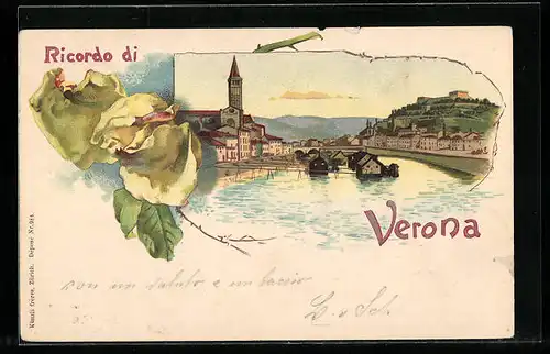 Lithographie Verona, Flusspartie, Gelbe Rose