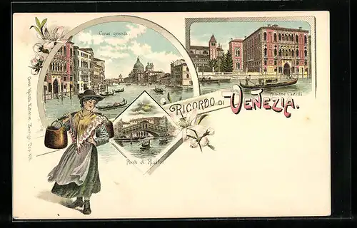 Lithographie Venezia, Ponte di Rialto, Canal grande, Palazzo Cavalli