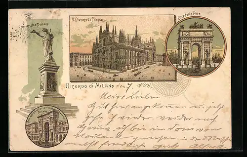 Lithographie Milano, Arco della Pace, Monumento a Mentana, Il Duomo di Finaco