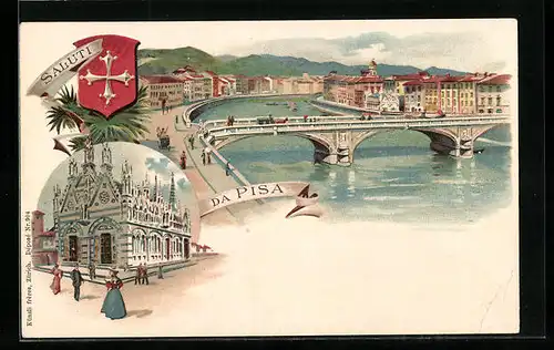 Lithographie Pisa, Flusspartie, Wappen, Kirche