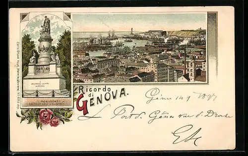 Lithographie Genova, Totalansicht, Monumento a Cristoforo Colombo