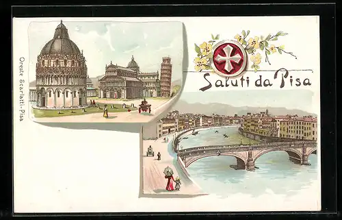 Lithographie Pisa, Arno-Brücke, Schiefer Turm