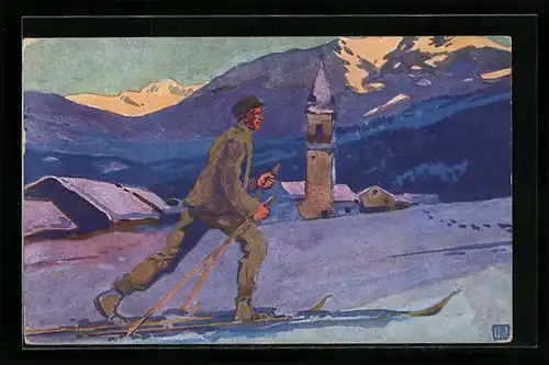 AK Letztes Glühen, Skifahrer in winterlicher Landschaft