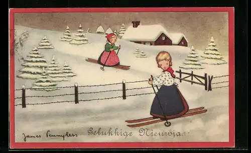 AK Zwei Frauen auf Skiern in winterlicher Landschaft, Neujahrsgruss