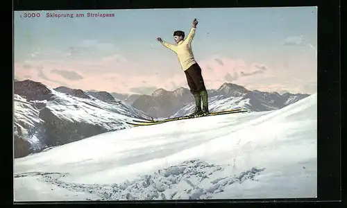 AK Mann bei einem Skisprung am Strelapass