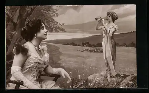 AK Frau im Kleid mit Handschuhen und Flötenspielerin