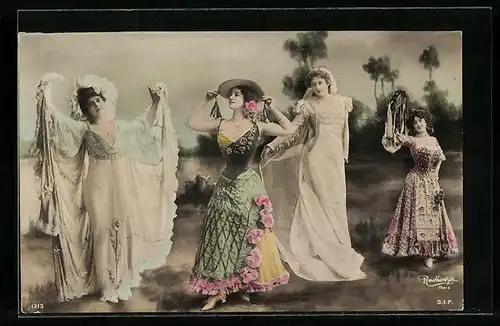 AK Junge Frauen in Kleidern mit einem Tamburin