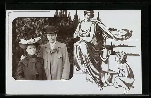 Foto-AK Herr mit einer Dame im Arm, Frau mit einem Kind, Passepartout