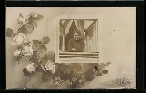 Foto-AK Junge Frau am Fenster, Rosenzweig, Passepartout