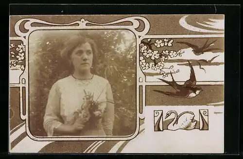 Foto-AK Junge Frau im Kleid mit Blumen, Schwalben im Flug, Passepartout