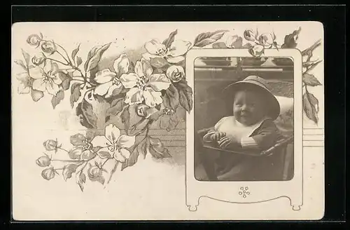 Foto-AK Kleines Kind mit einem Hut, Blumenzweig, Passepartout