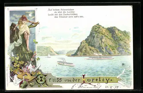Lithographie Loreley, Die Loreley auf dem Felsenrücken, Rheinschiffe