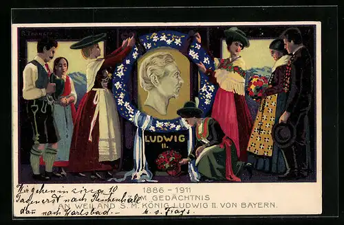 AK Frauen mit Portrait S. M. König Ludwig II. von Bayern im Kranz, 1886-1911, Ganzsache