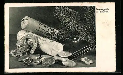 AK Portemonnaie mit gerollten Geldmünzen, Tannenzweig, Neujahrsgruss