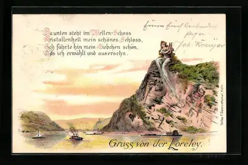 Lithographie Loreley, Loreley mit Harfe auf dem Felsen