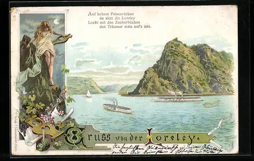 Lithographie Loreley, Die Loreley auf dem Felsenrücken, Rheinschiffe
