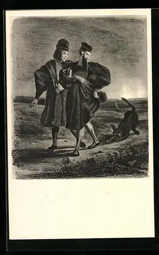 AK Eugene Delacroix: Zu Goethes Faust, Faust und Mephisto mit einem Hund