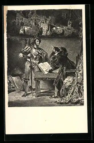 Künstler-AK Goethes Faust, Mephisto erscheint im Arbeitszimmer von Faust