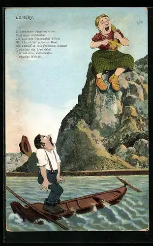 AK Loreley mit Kamm auf Felsen und Mann im Boot