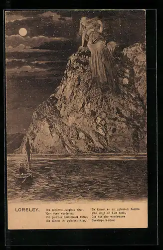 AK Loreley auf dem Felsen mit Schiffer auf dem Rhein