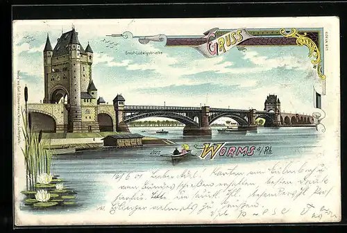Lithographie Worms, Ernst-Ludwigsbrücke mit Bootspartie