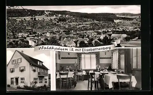 AK Waldhausen i. R., Ortsansicht mit Elisabethenberg, Gasthaus Emil Plewan