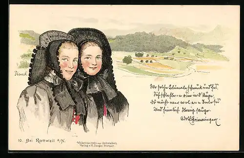 Lithographie Rottweil a. N., Zwei Mädchen in schwäbischer Tracht über Hügellandschaft