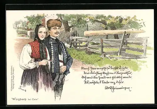 Lithographie Würzbach bei Calw, Paar in Schwarzwälder Tracht