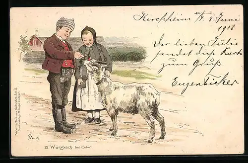 Lithographie Würzbach bei Calw, Mädchen und Junge in Schwarzwälder Tracht fütter einen Geisbock
