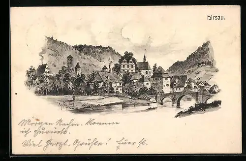 Künstler-AK Eugen Felle: Hirsau, Teilansicht des Ortes mit Brücke