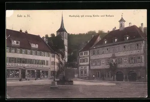 AK Sulz a. N., Marktplatz mit evang. Kirche und Rathaus