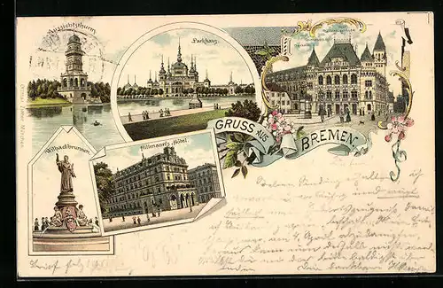 Lithographie Bremen, Aussichtsturm, Parkhaus, Hillmann`s Haus