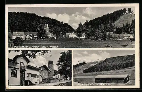 AK Schrattenbach i. Allgäu, Strassenpartie an der Kirche, Segelflugstation