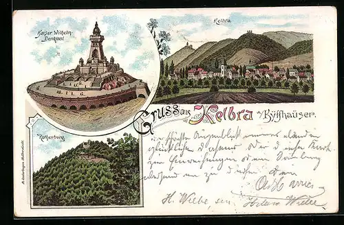 Lithographie Kelbra a. Kyffh., Kaiser Wolhelm-Denkmal, Totalansicht und Rothenburg