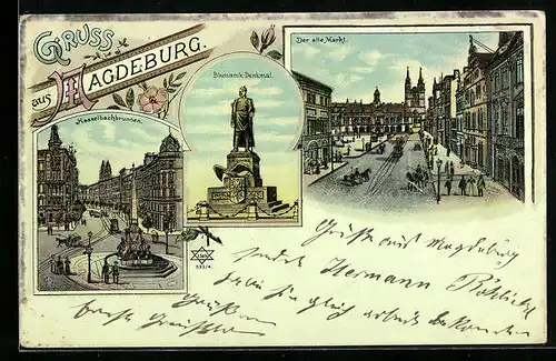 Lithographie Magdeburg, Hasselbachbrunnen, Bismarck-Denkmal, Der alte Markt