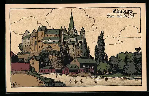 Steindruck-AK Limburg, Blick auf Dom und Schloss