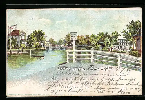 Lithographie Treptow, Bootsanlegestelle, Abfahrt nach Berlin