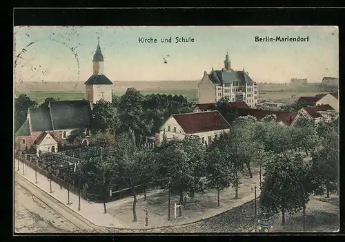 AK Berlin-Mariendorf, Ansicht der Kirche und Schule