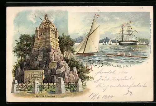 Lithographie Grünau, Sport-Denkmal, Ruderpartie, Segelboote