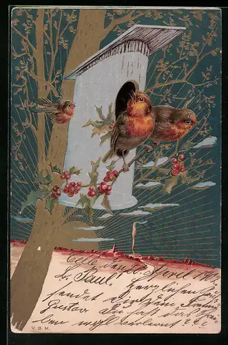 Lithographie Rotkehlchen am Vogelhaus bei Sonnenuntergang, Jugendstil