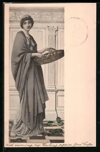 Lithographie Dame aus der Antike mit Obstkorb, Jugendstil