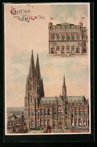 Lithographie Köln, Dom und Gürzenich, Halt gegen das Licht mit leuchtenden Fenstern des Doms