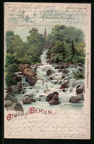 Lithographie Berlin-Kreuzberg, Wassersturz im Victoriapark, Halt gegen das Licht