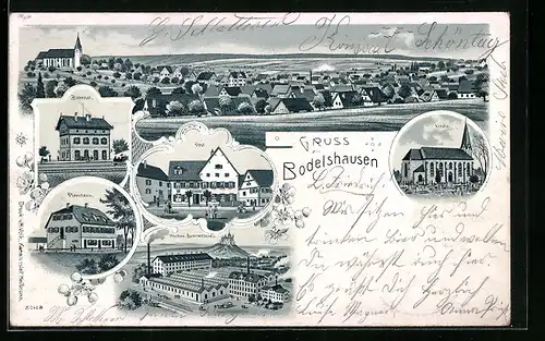 Lithographie Bodelshausen, Mechanische Buntweberei, Post, Bahnhof, Pfarrhaus