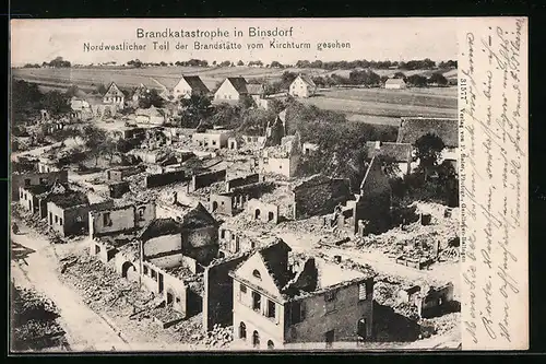 AK Binsdorf, Brandstätte vom Kirchturm gesehen