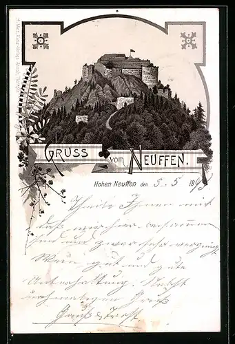 Vorläufer-Lithographie Neuffen, 1895, Blick auf Burg Hohen Neuffen