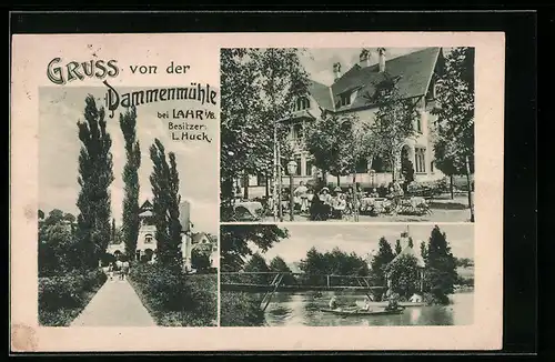 AK Lahr i. B., Gasthaus Dammenmühle, Garten, Brücke mit Boot