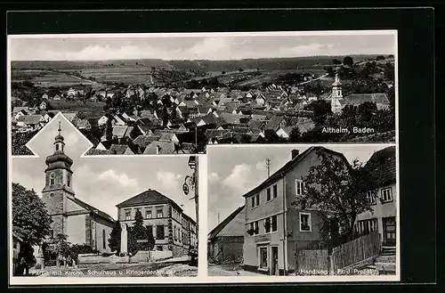 AK Altheim /Baden, Handlung von Fr. J. Probst, Kirche mit Schulhaus und Kriegerdenkmälern, Teilansicht