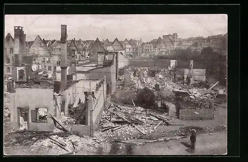 AK Donaueschingen, Grossfeuer 1908, Zerstörte Ortspartie