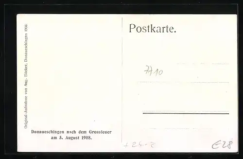 AK Donaueschingen, Grossfeuer 1908, Zerstörte Ortspartie